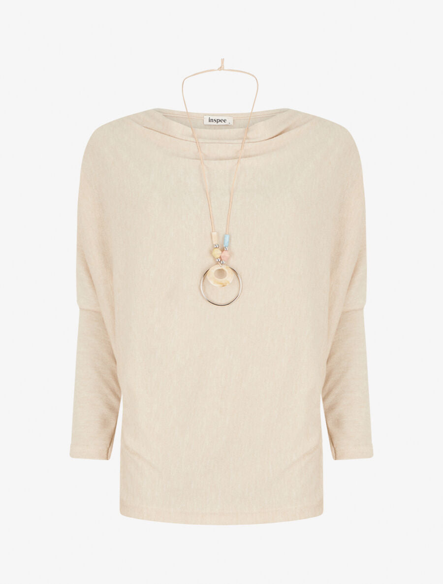 Pull fin manches longues à col bénitier - Beige - 1