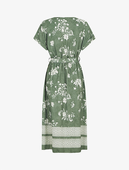 Robe longue manches courtes motif floral - Kaki - 2