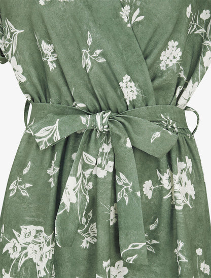 Robe longue manches courtes motif floral - Kaki - 3