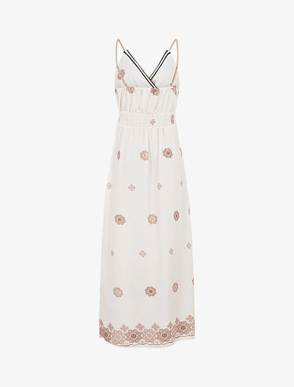Robe longue fines bretelles et motif floral - Écru - 2