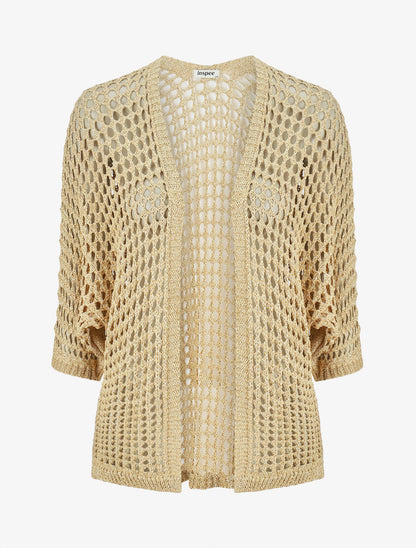 Gilet long en maille ajourée irisée - Or - 1