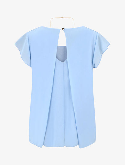 Blouse en voile transparente à manches volantées - Bleu - 2