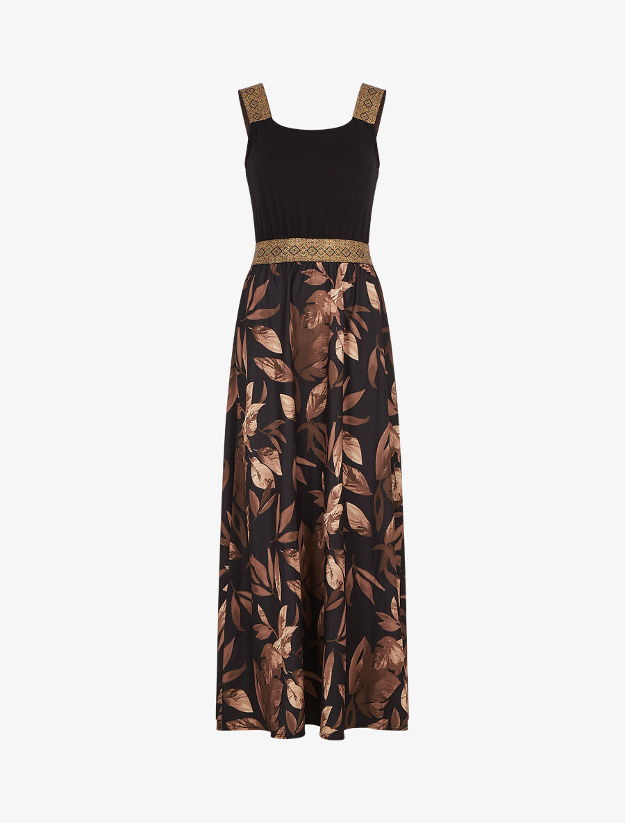 Robe longue à bretelles imprimé feuilles - Noir - 1