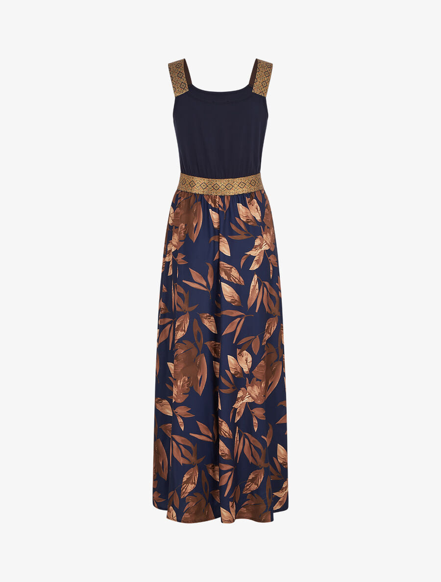 Robe longue à bretelles imprimé feuilles - Marine - 2