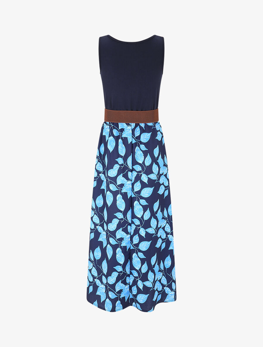 Robe bicolore imprimé feuillage - Marine - 2
