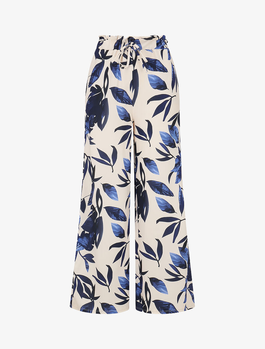 Pantalon imprimé feuillage à taille élastiquée - Marine - 1