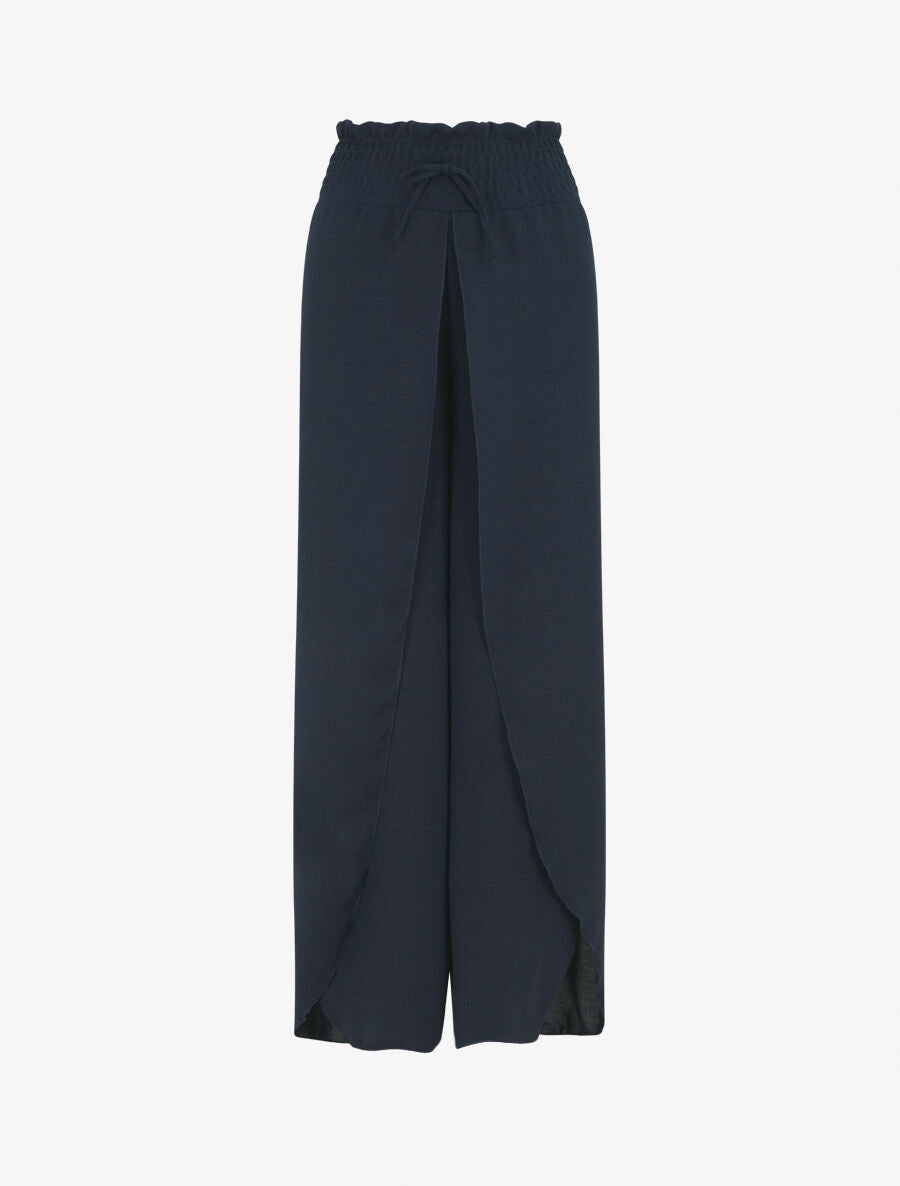 Pantalon tulipe uni à taille élastiquée - Marine - 1