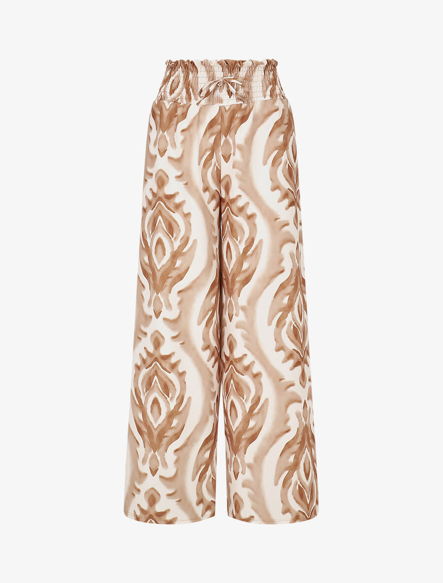Pantalon à taille haute élastiquée imprimé abstrait - Beige - 1