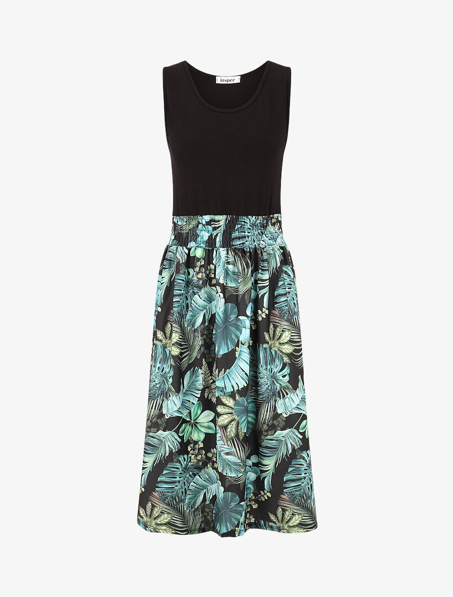 Robe midi évasée sans manches imprimé tropical - Noir - 1