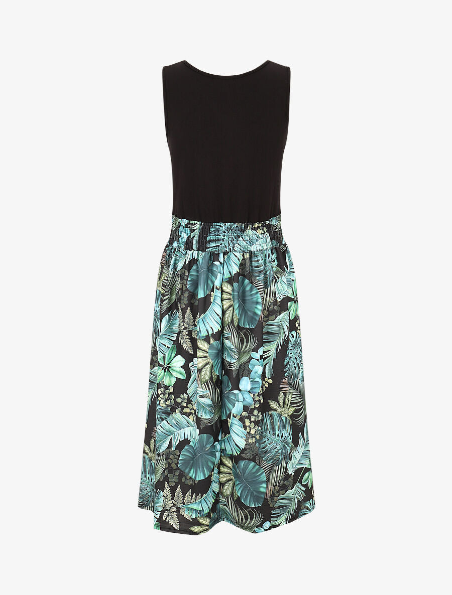 Robe midi évasée sans manches imprimé tropical - Noir - 2