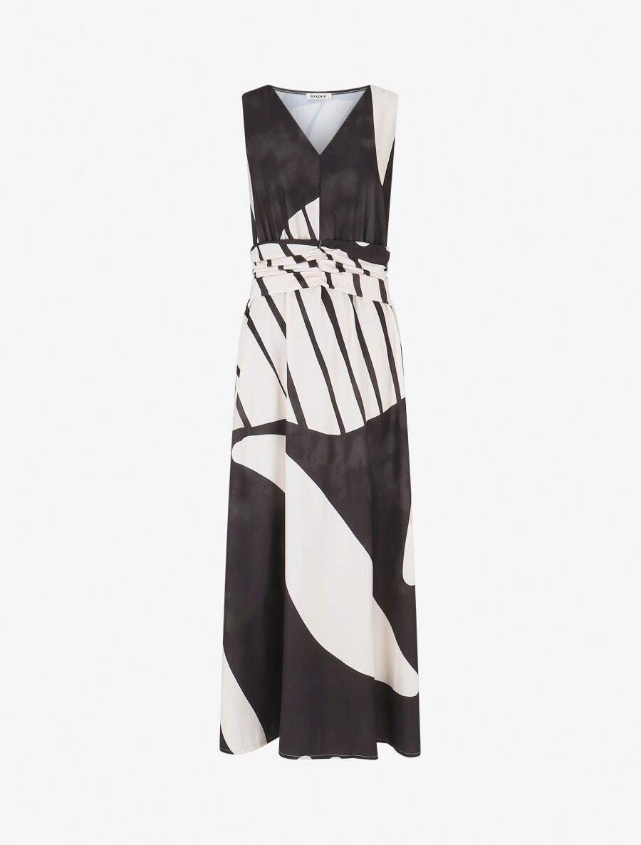Robe longue élastiquée imprimé fantaisie - Noir - 1