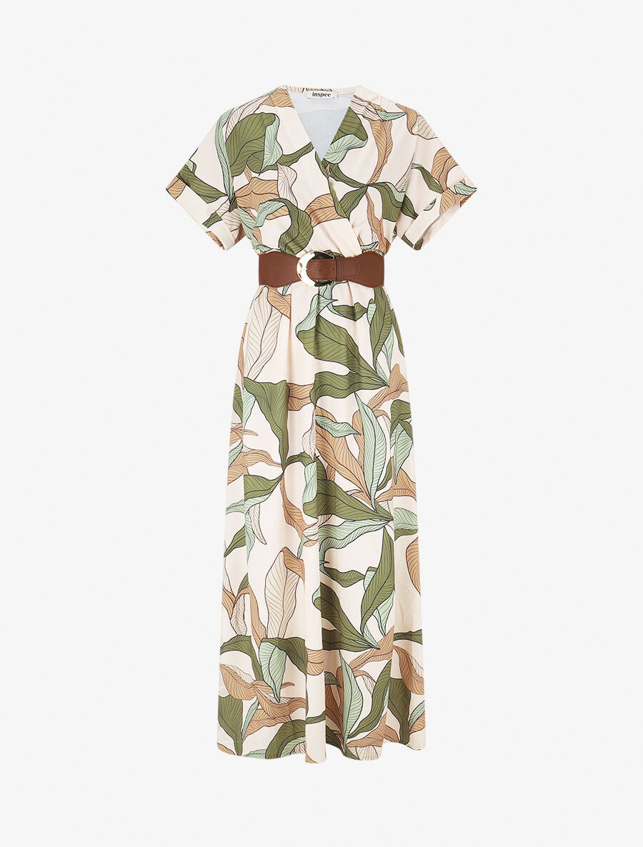Robe longue à cache-coeur imprimé feuillage - Kaki - 4