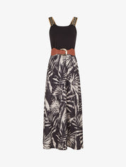 Robe longue à bretelles brodées imprimé tropical - Noir - 1