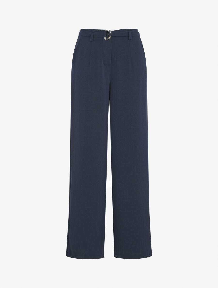 Pantalon ample taille haute uni - Marine - 1