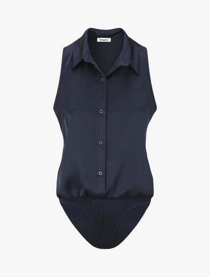 Body satiné style chemise sans manches - Marine - 1
