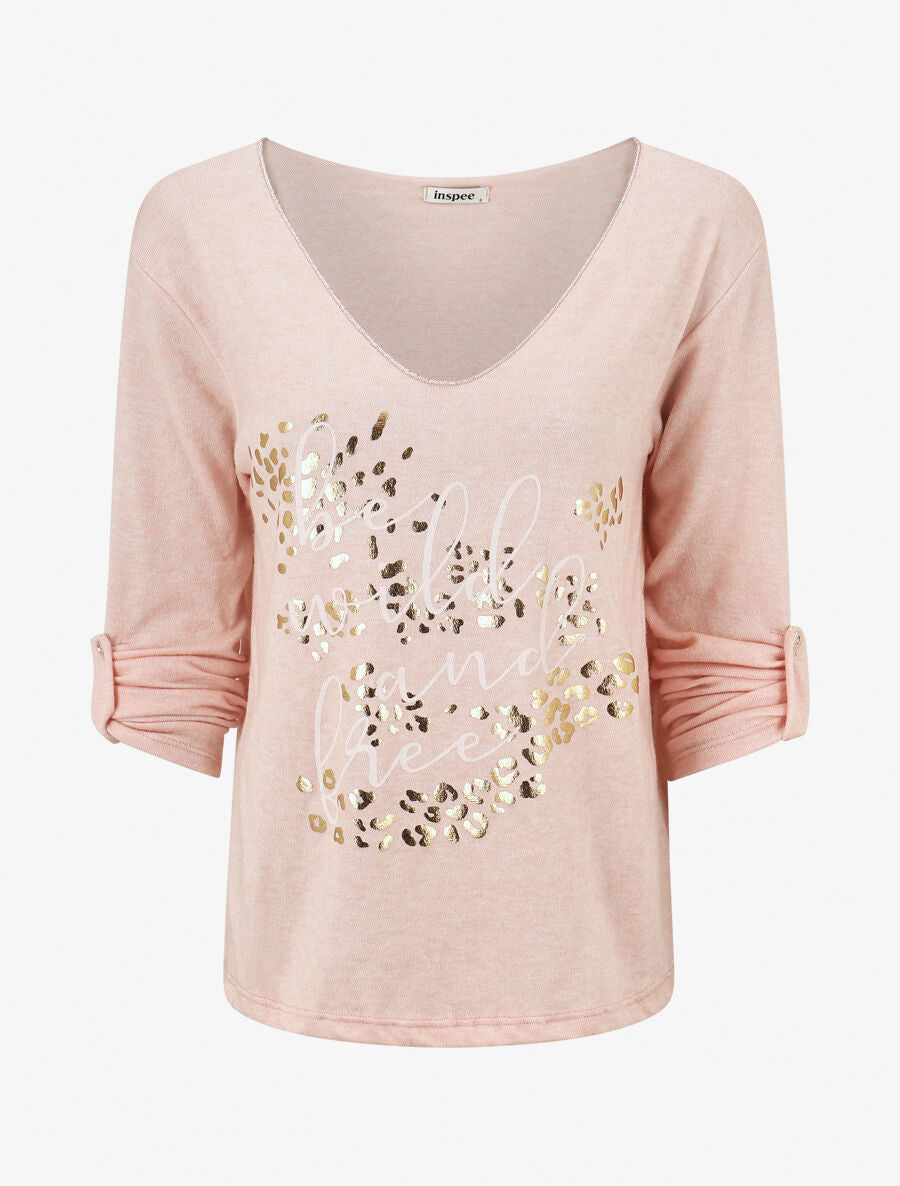 Pull droit et fin flocage léopard - Rose - 1