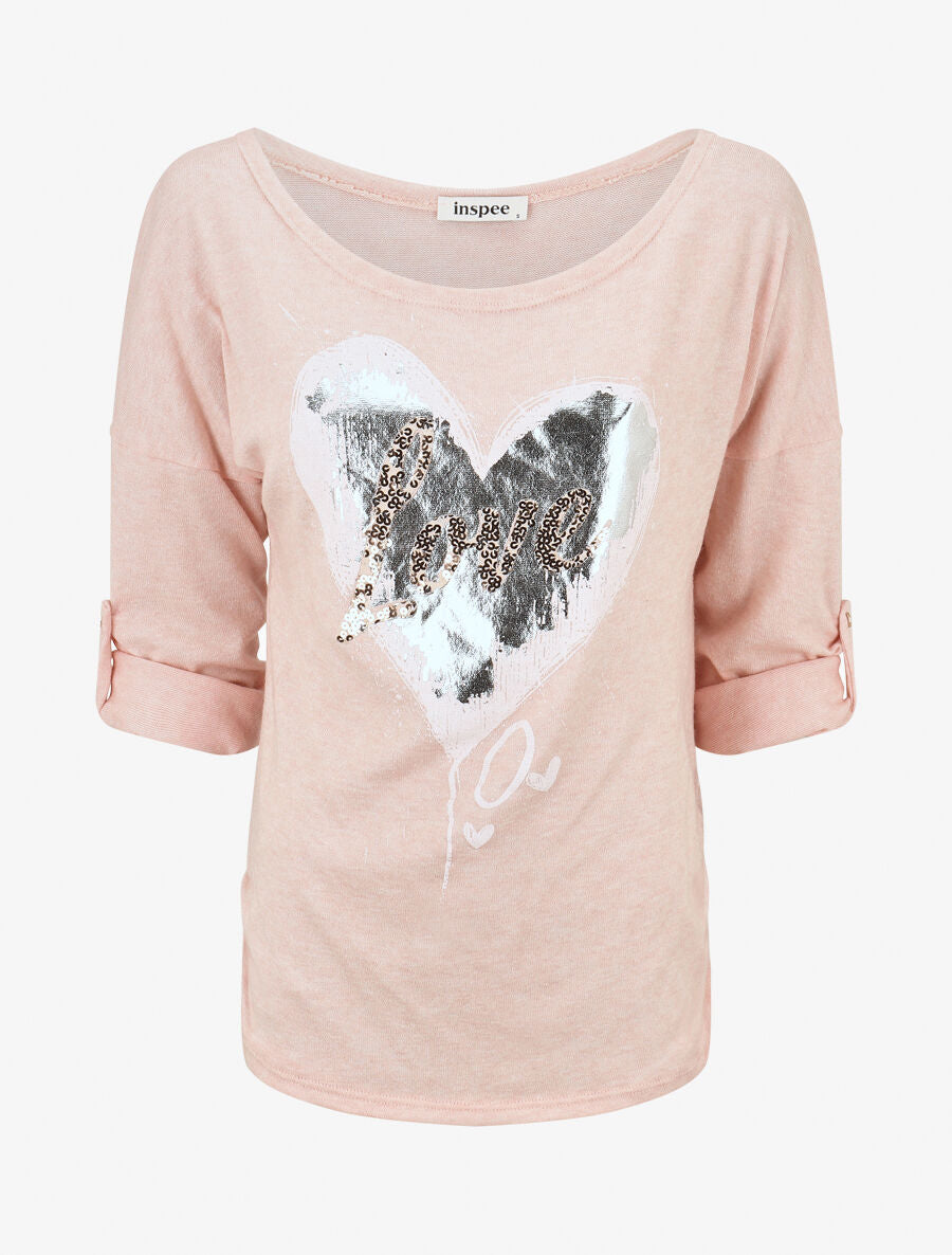 Pull à coeur irisé et sequins - Rose - 1