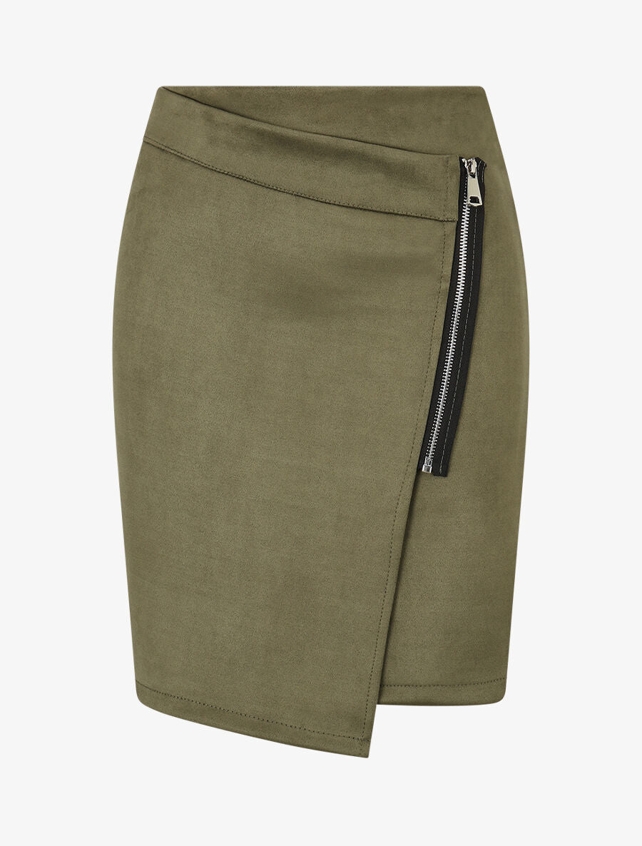 Jupe courte zippée en suédine - Kaki - 4