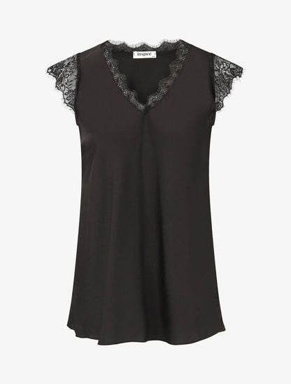 Top satiné à épaules en dentelle - Noir - 1