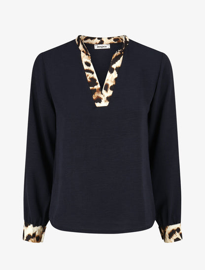 Blouse à bords imprimé léopard - Marine - 4