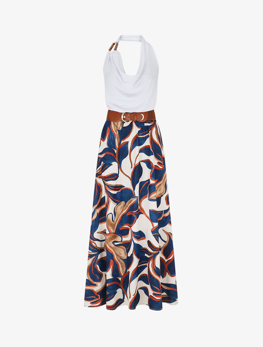 Robe longue dos nu à imprimé grandes feuilles - Marine - 1