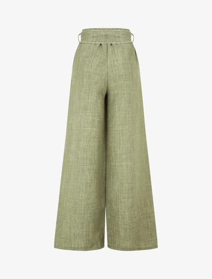 Pantalon ample taille haute à ceinture fantaisie - Kaki - 2