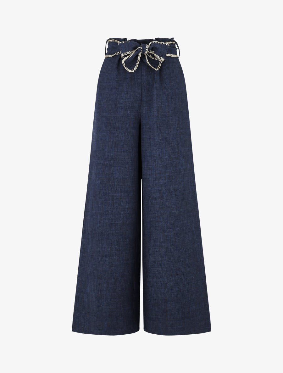 Pantalon ample taille haute à ceinture fantaisie - Marine - 1