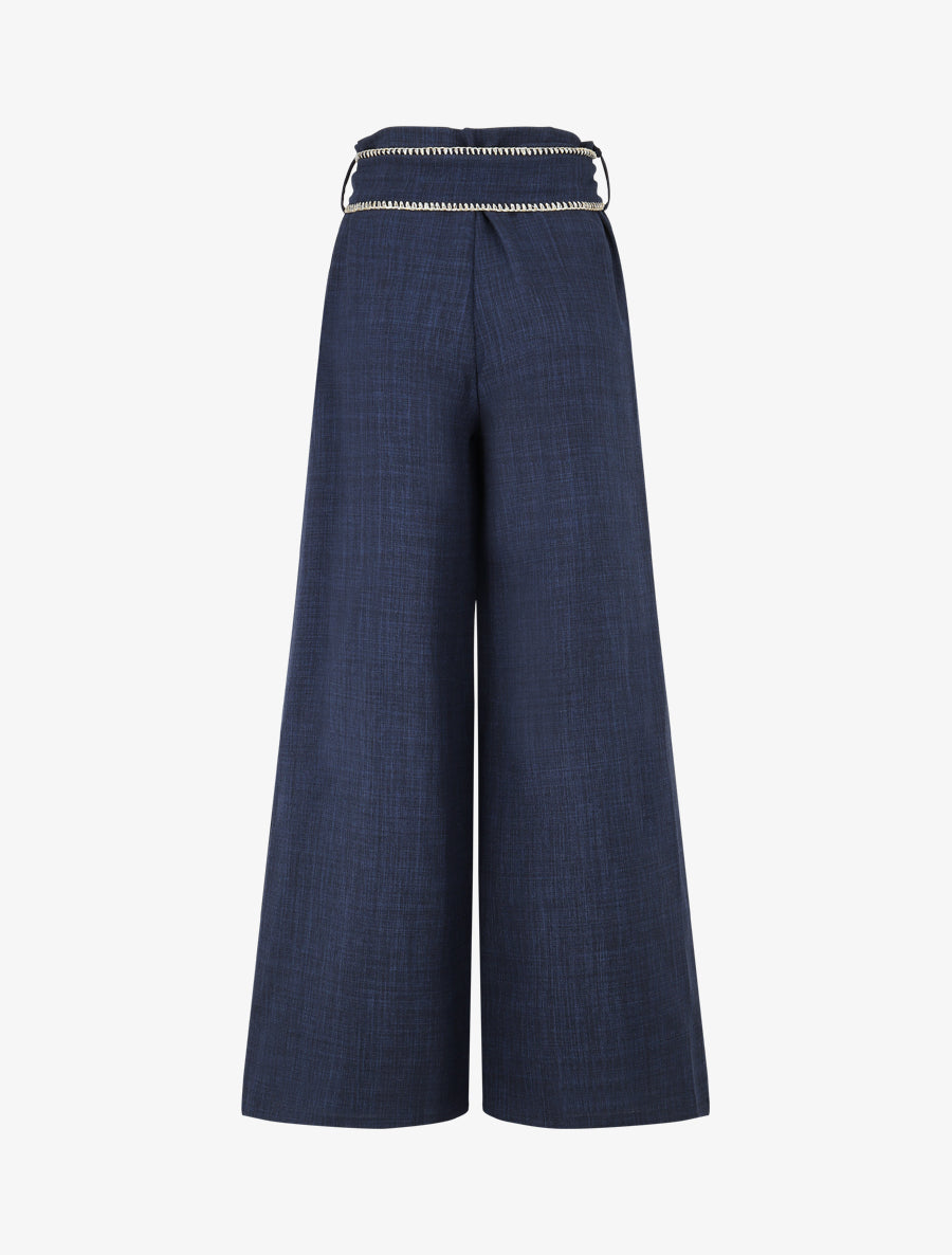 Pantalon ample taille haute à ceinture fantaisie - Marine - 2