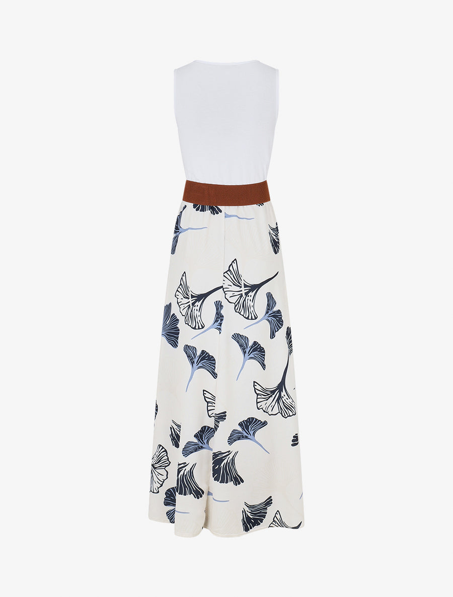 Robe longue imprimé végétal et col à sangle - Marine - 2