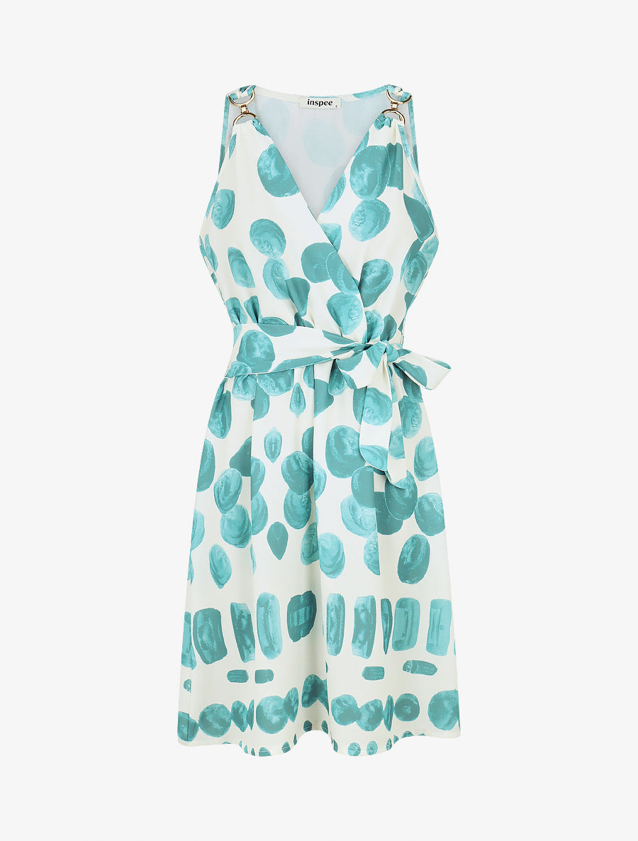 Robe mi-longue imprimé pois fantaisie et bretelles bijou - Turquoise - 1
