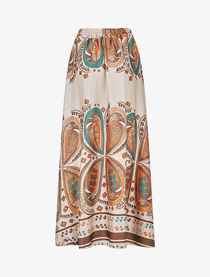 Jupe effet satiné imprimé foulard - Camel - 2