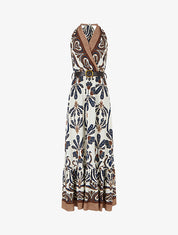 Robe longue élastiquée à nouer à la nuque - Marine - 1