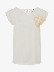 Top uni à fleur brodée - Beige - 1