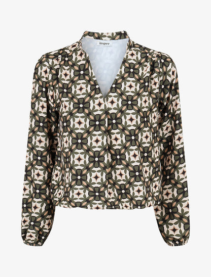 Blouse imprimé fleurs graphiques - Kaki - 1