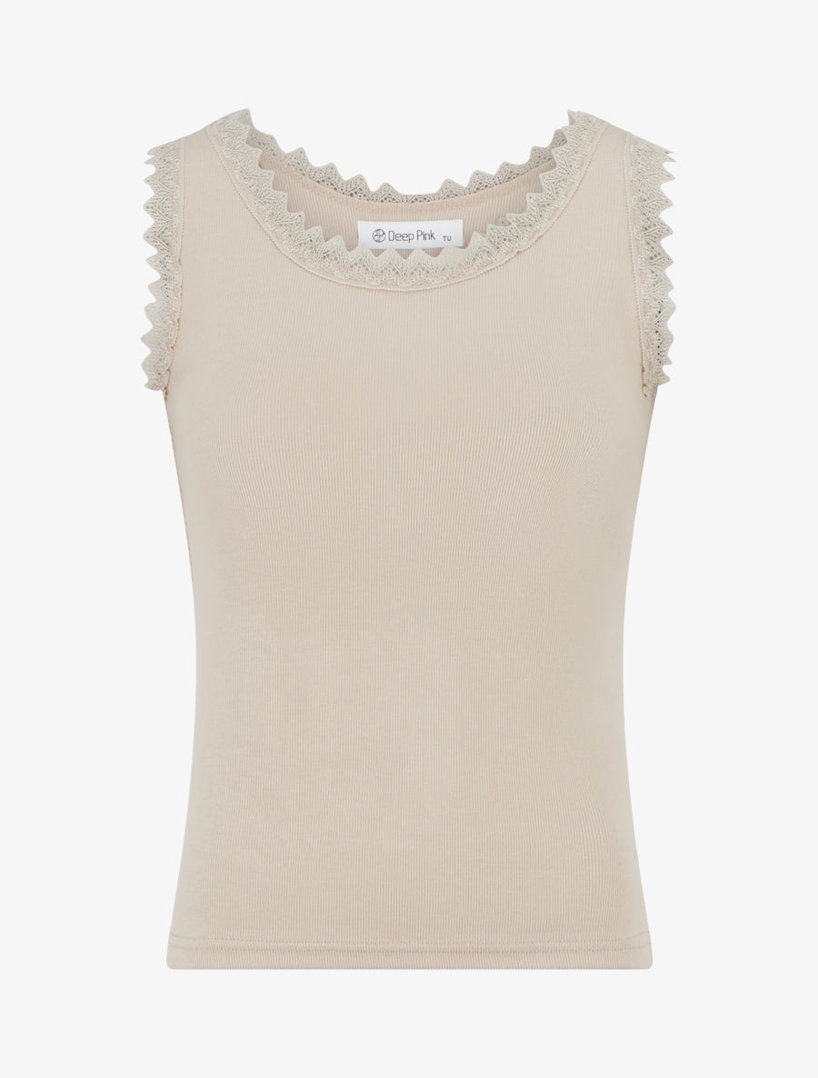 Débardeur côtelé à col dentelle - Sable - 1