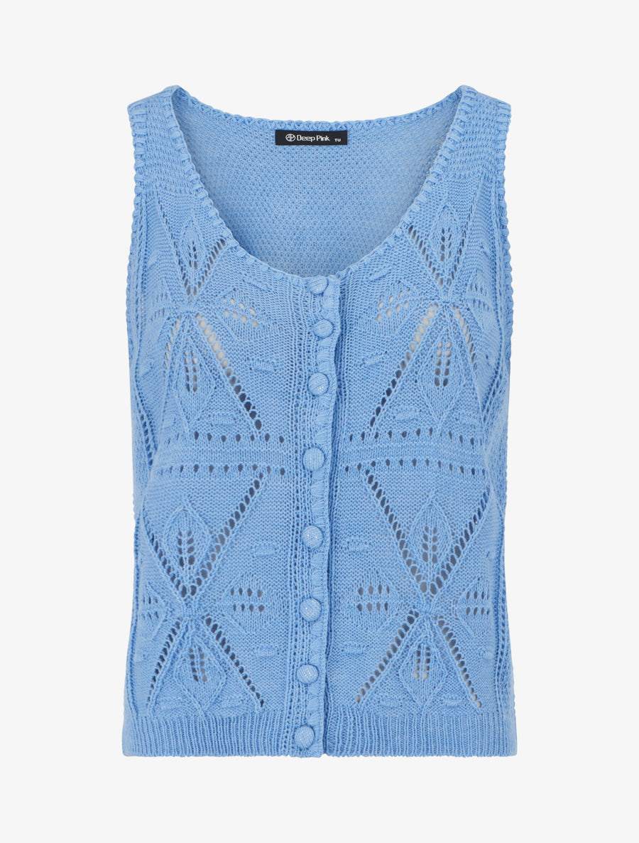 Top boutonné en maille ajourée - Bleu ciel - 1