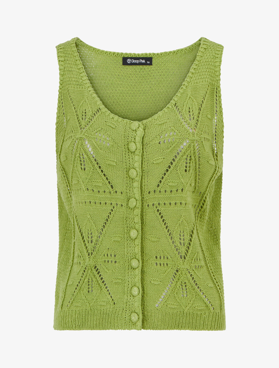 Top boutonné en maille ajourée - Vert pomme - 1