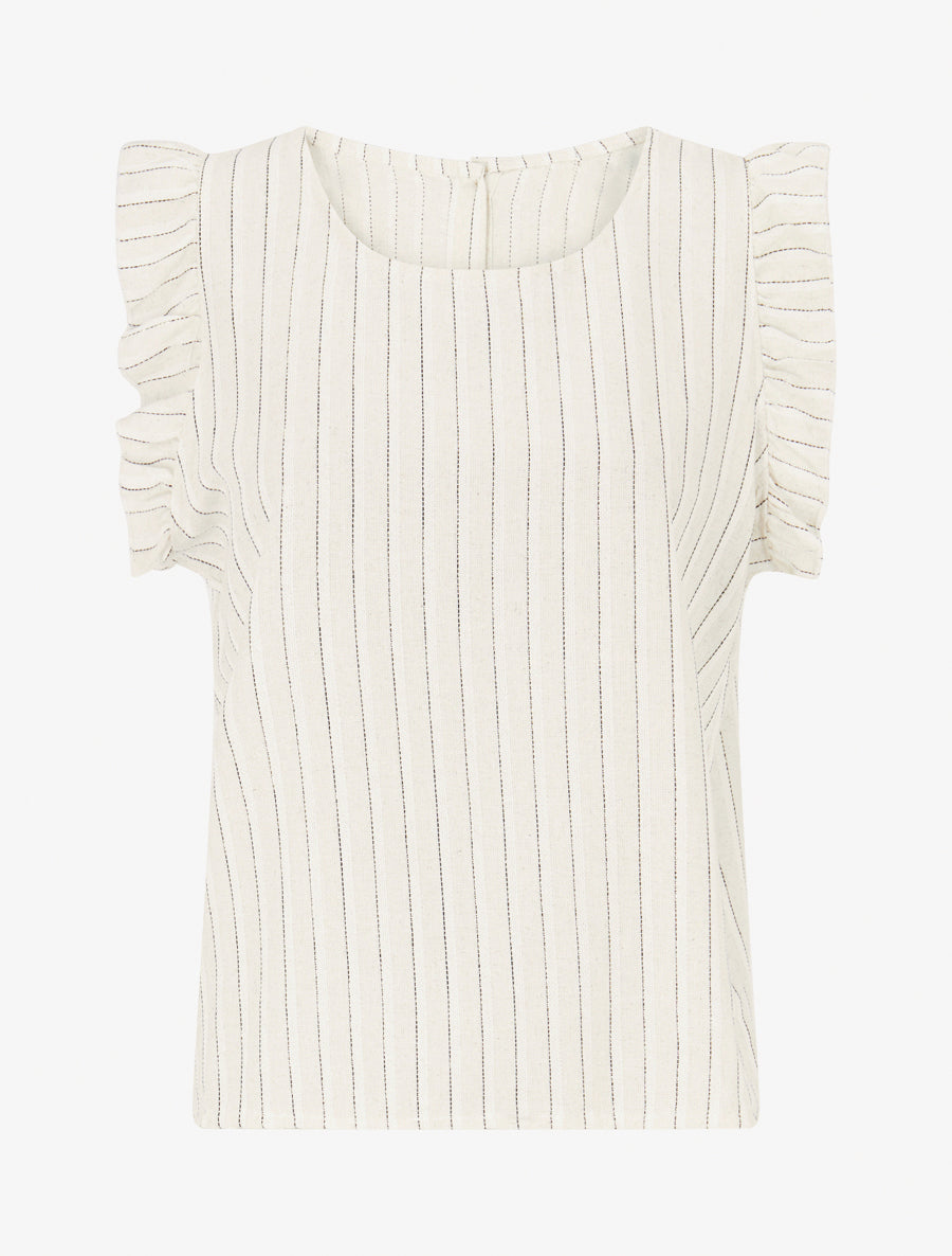 Top droit rayé à mancherons - Beige/noir - 1