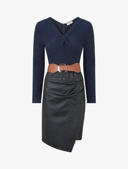 Robe bi-matière à col V froncé - Bleu nuit - 1