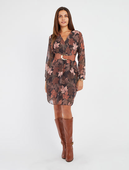 Robe mi-longue évasée imprimé feuilles - Marron