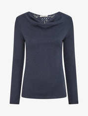 Pull à col bénitier et dos en crochet - Marine - 1