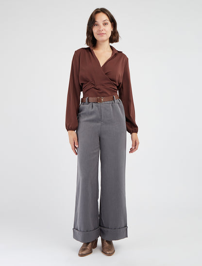 Pantalon taille haute ceinture incluse - Gris