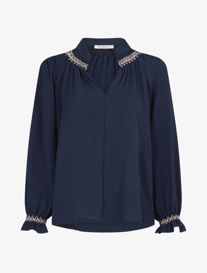Blouse droite à détail brodé - Marine - 1