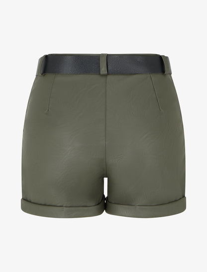 Short ceinturé à revers en simili - Kaki - 2
