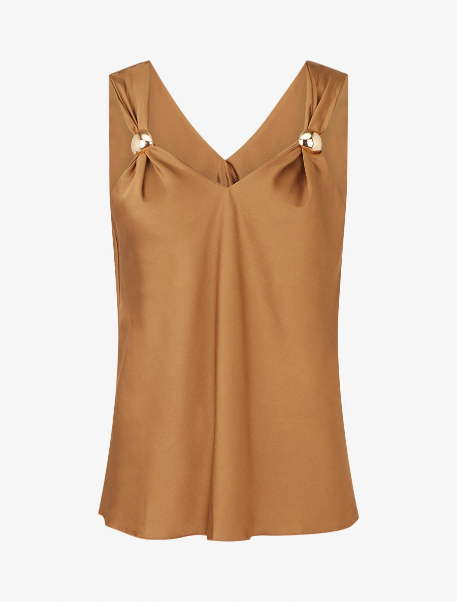 Top satiné à empiècement bijoux - Camel - 1