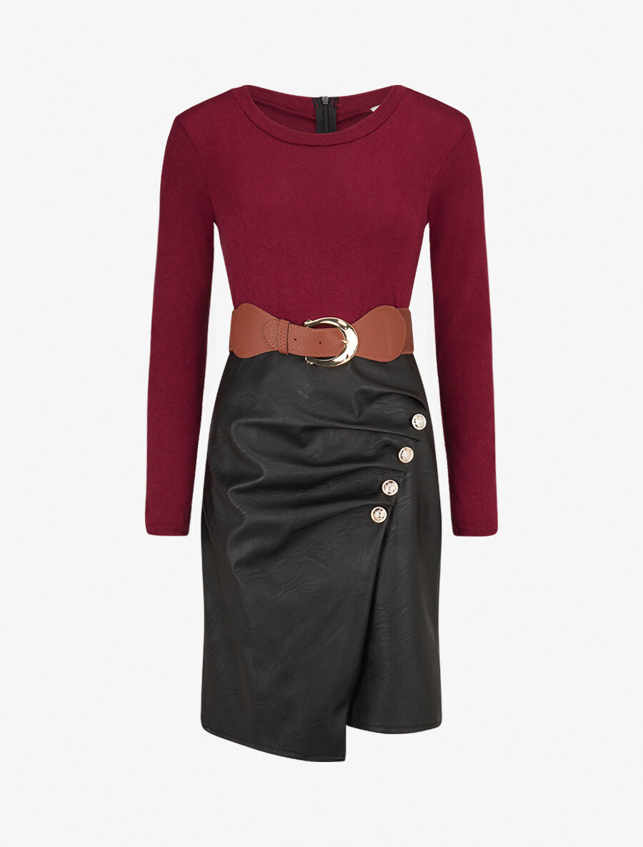 Robe bimatière jupe plissé à boutons - Lie de vin - 1