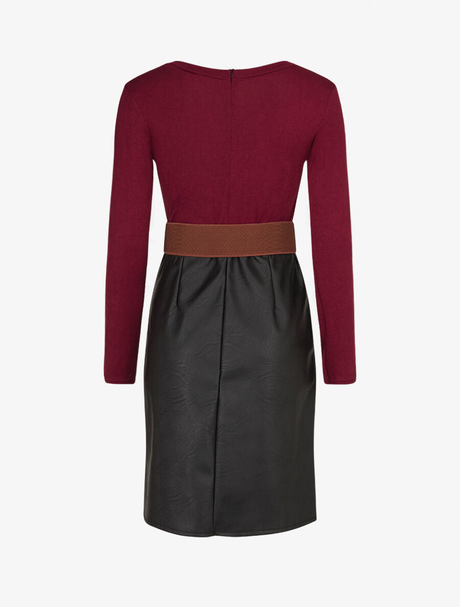 Robe bimatière jupe plissé à boutons - Lie de vin - 2