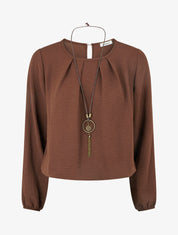 Blouse unie à bords élastiqués - Marron - 1