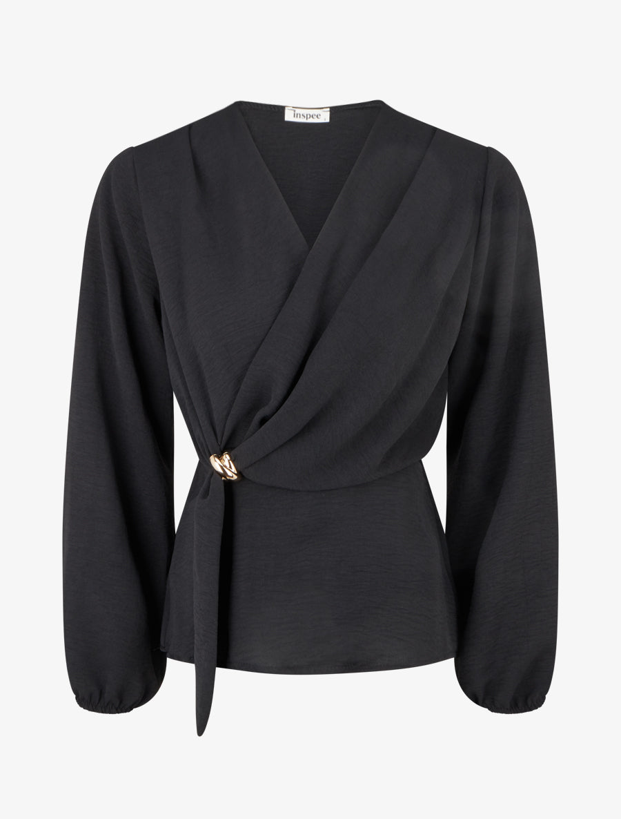 Blouse unie à empiècement bijou - Noir - 1