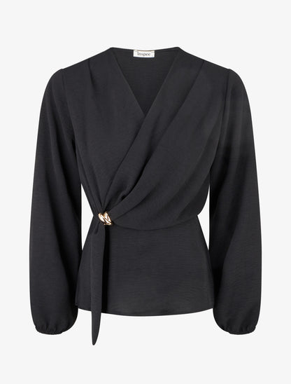 Blouse unie à empiècement bijou - Noir - 1